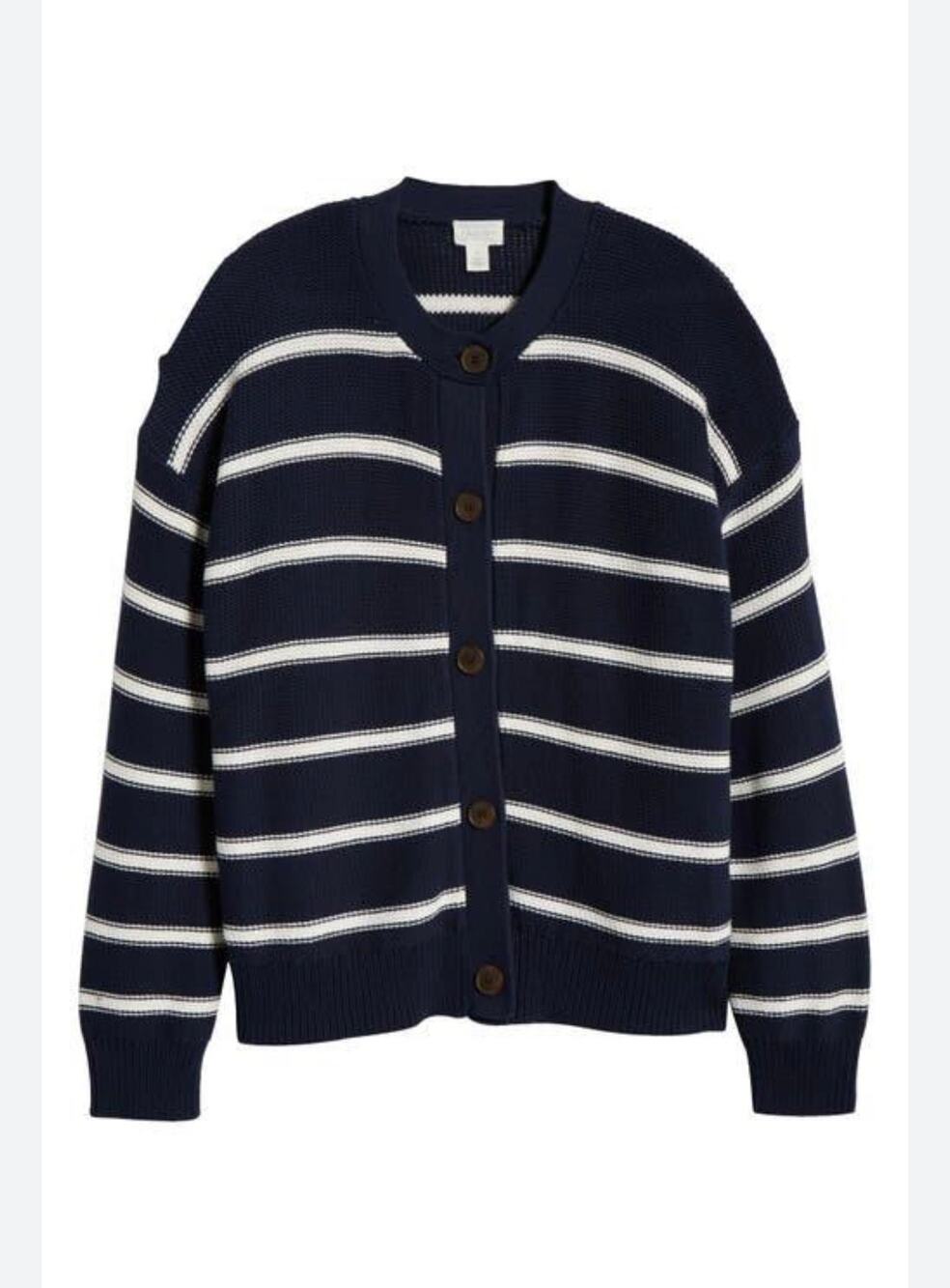 Caslon Stripe Pima Cotton Cardigan - Blue White - XL (New)